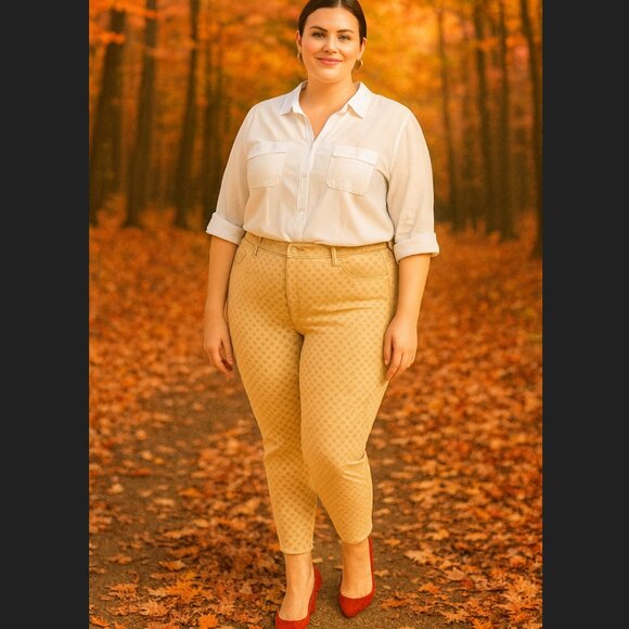 ANTHROPOLOGIE Pilcro Velvet Jeans 32P PETITE Skinny Peach Polka Dot High Rise - Picture 1 of 15